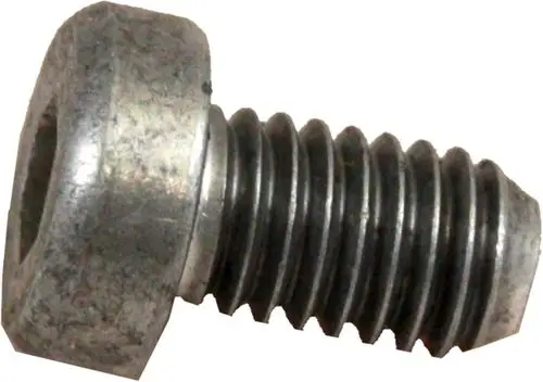 Zylinderschraube mit Sechskantkopf, aus Metall, mit einer geriffelten Oberfläche, in der Nahaufnahme. Sie könnte von der Marke Wolf stammen.